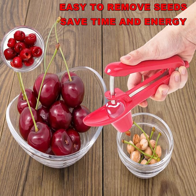 Cherry Pitter Tool, Heavy-Duty Stainless Steel Pitting Tool, Portable Cherries Corer Stoner Seed Tool with Lock Design, Fruit Pit Remover for Cherry Jam (Red)
