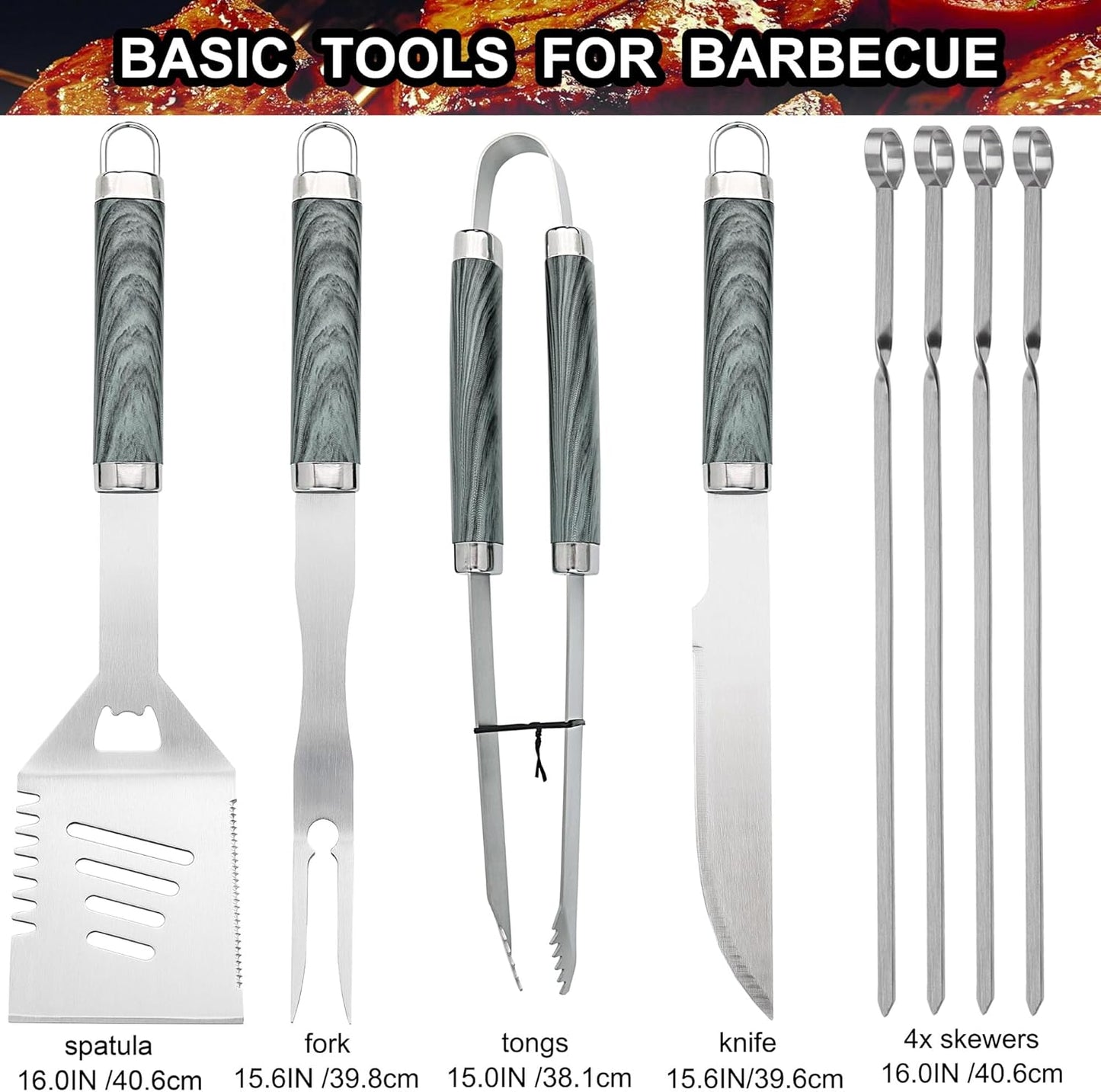 grilljoy 24PCS BBQ Grill Tools Set with Meat Thermometer and Injector - Extra Thick Stainless Steel Fork, Spatula& Tongs - Complete BBQ Accessories in Aluminum Case - Perfect Grill Gifts for Men Grey