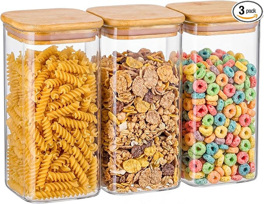 3-Pack 1.6Qt Square Glass Storage Jars with Bamboo Lids | Minimalist Kitchen Organizer,Pantry Storage Container,Food Storage Container,Scandinavian Style Storage,Nordic Style Storage