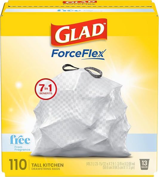 Glad ForceFlex Tall Kitchen Trash Bags, 13 Gallon, Fragrance Free, 110 Count (Package May Vary)