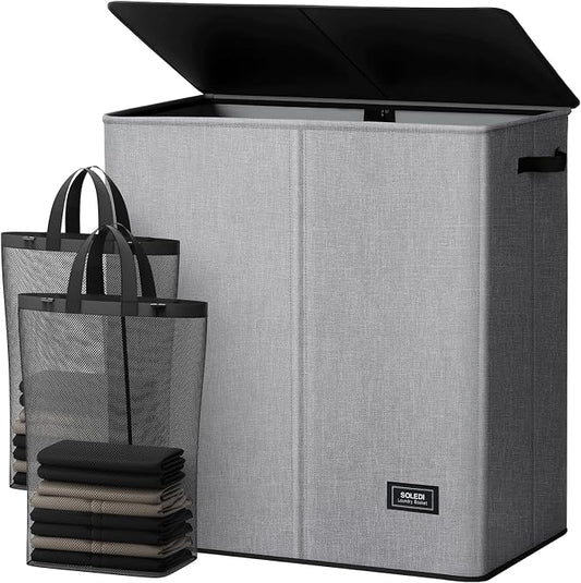 SOLEDI Large Double Laundry Hamper with Lid,165L Collapsible Clothes Hamper 2 section with Removable Bags, Space-Saving Laundry Basket for Bedroom, Dorm, College