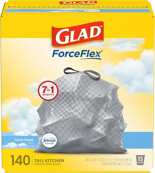 Glad ForceFlex Tall Kitchen Trash Bags, 13 Gallon, Fresh Clean, 140 Count (Package May Vary)