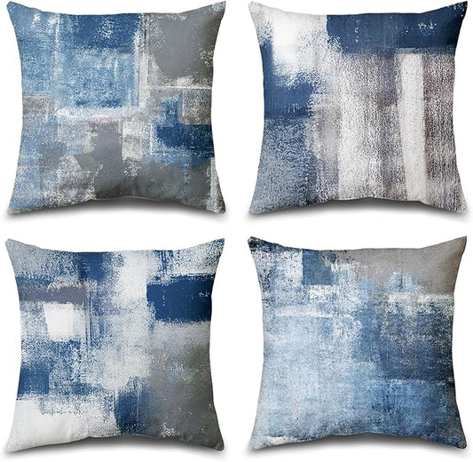 Set of 4 Blue and Grey Abstract Art Artwork Pillow Cover 18 x 18 Inch, Gallery Modern Decorative Throw Pillows Cushion Cover for Bedroom Sofa Living Room