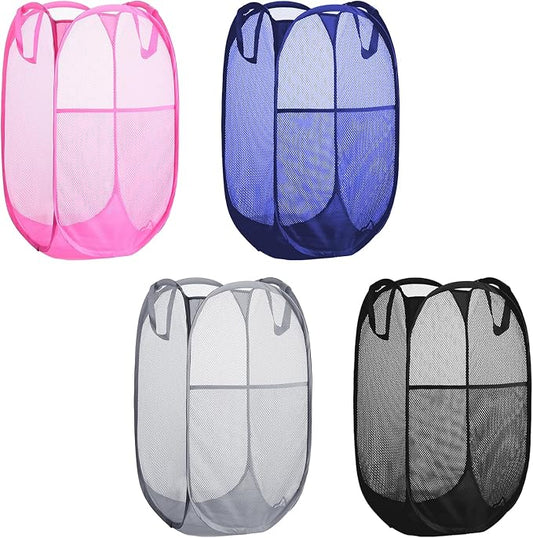 Collapsible Pop Up Laundry Hamper, Extra Large Mesh Foldable Laundry Basket Bag, 28" x 16" x 16", 4 Pack (Black + Pink + Grey + Blue)