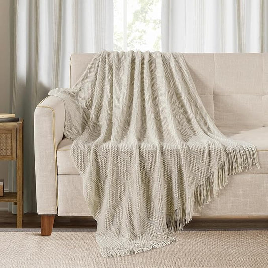 BOURINA Beige Throw Blanket 50x60 Inches Throw Textured Solid Soft Ripple Throws and Blankets for Sofa or Bed Knitted Decorative Throw