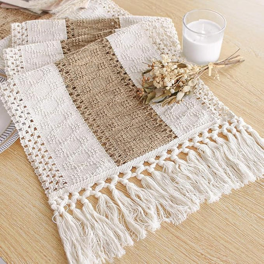 FEXIA Boho Table Runner for Summer Home Coffee Decor with Tassels 60 Inches Long Farmhouse Rustic Table Cloth Cream & Brown Macrame for Kitchen Dining Bedroom Decor Bridal Shower (12x60 Inches)