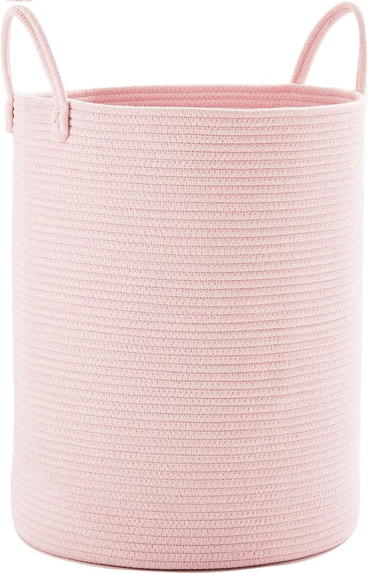 Large Pink Laundry Basket 15x20 Inches, 60L Woven Rope Hamper for Baby Girls and Kids, Tall Nursery Storage Bin, Kawaii Bedroom Laundry Hamper