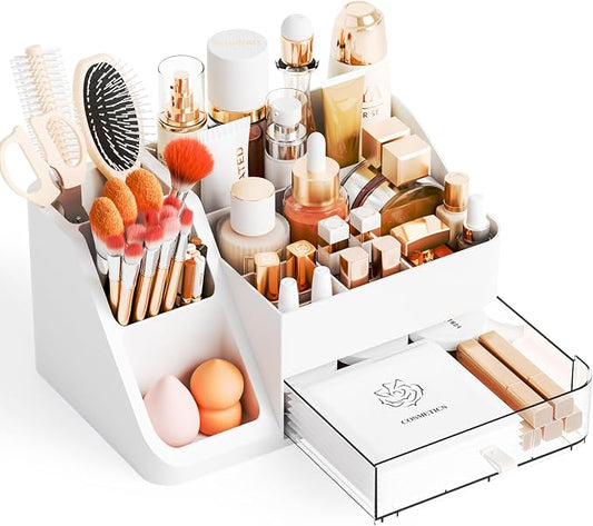 Yieach White Makeup Organizer Countertop,Large Cosmetics Storage Organizer for Make up Brush,Hair Products and Beauty Skincare Organizers,Plastic Makeup Holders and Organizers for Bathroom,Vanity,Desk