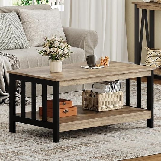 ChooChoo Farmhouse Coffee Table, Living Room Table with Shelf, 40 Rustic Oak & Black