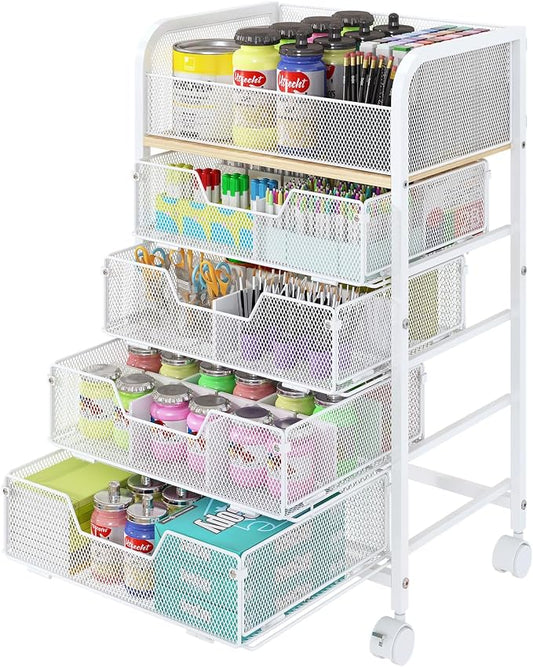 5-Tier Craft Organizer Cart with Wheels,Craft Organizers and Storage with Drawers,Lockable Wheels Rolling Utility Cart with DIY Divider,Office Supply Organizer,Ideal for Studio,Office Patent Pending