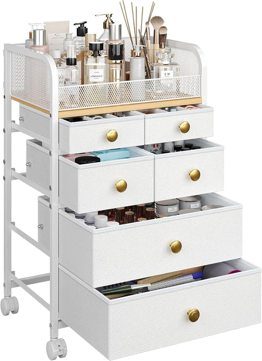 Rolling Makeup Cart Organizer with 6 Drawers, Makeup Storage with Wheels, Floor Skincare Organizers Vanity Storage Organizer Cosmetics Display Cases for Skin Care Perfume Nail Polish, White