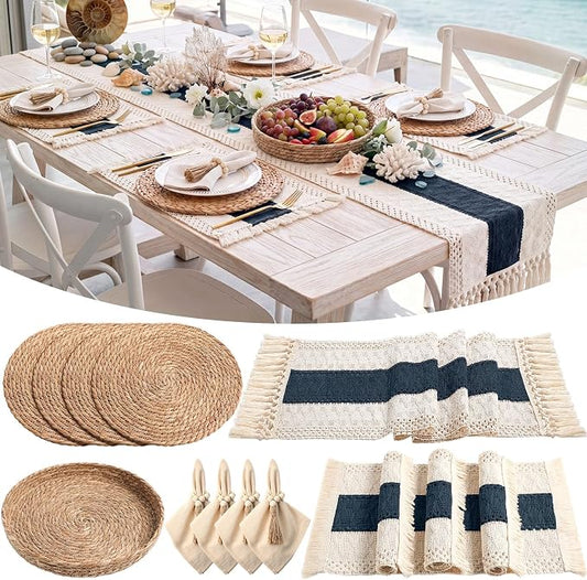 4 Sets Boho Decoration Placemats Round Woven Placemats, Cloth Napkins, Wood Bead Napkin Rings, Long Table Runner and Farmhouse Burlap Cotton for Table Kitchen (Blue,12x72)