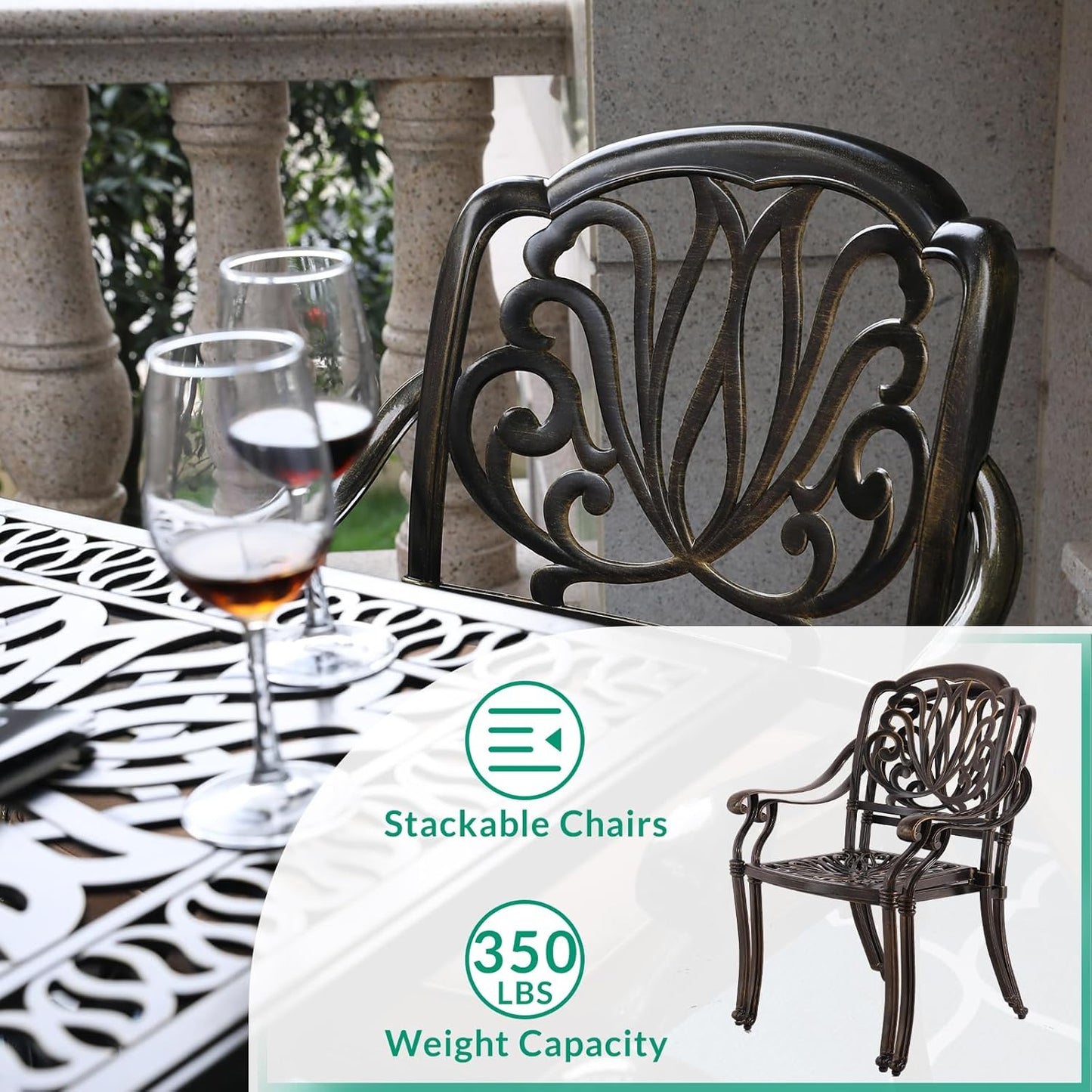VIVIJASON 3-Piece Patio Bistro Set, All-Weather Cast Aluminum Outdoor Furniture Dining Set, Include 2 Cushioned Chairs and 31" Round Table w/Umbrella Hole for Balcony, Lawn, Backyard, Red Cushion