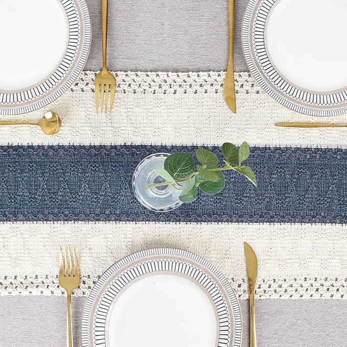 FEXIA Boho Blue Table Runner 108 Inches Long with Tassels Macrame Farmhouse Summer Style Graduation Party Rustic Wedding Baby Shower Dining Kitchen Living Room Decor (12x108 Inches)
