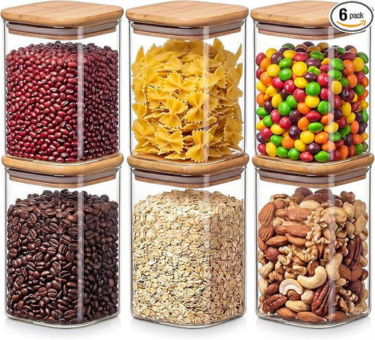6-Pack 1.2Qt Square Glass Storage Jars with Bamboo Lids | Minimalist Kitchen Organizer,Pantry Storage Container,Food Storage Container,Scandinavian Style Storage,Nordic Style Storage