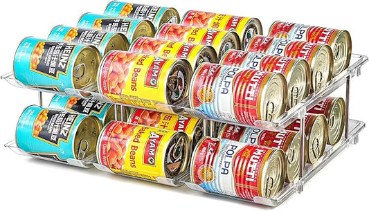 Amllas Can Organizer for Pantry, Stacking Can Storage Organizer Pantry, Automatic Rolling Can Rack for Fridge, 2Tire 3 Columns Can Holder for 24 Cans, Canned Goods Organizer