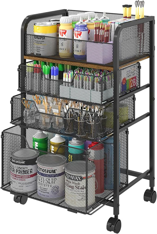 4-Tier Rolling Utility Cart with 3 Drawers-Craft Organizers and Storage with 360° Lockable Wheels,Art Supply Storage Organizer for Art Supplies, Store for Brushes & Paints & Artifacts Patent Pending