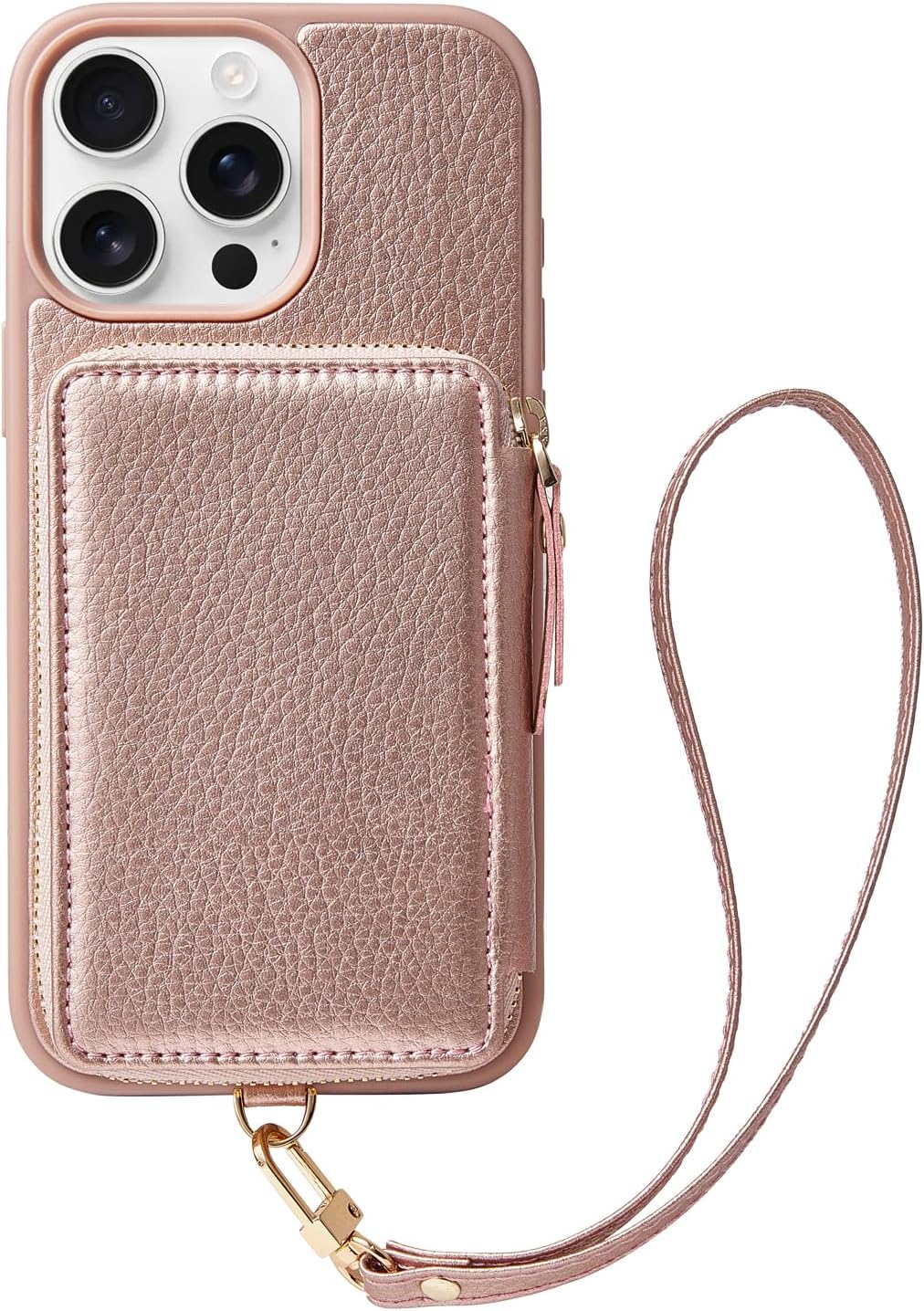 ZVE Wallet Case iPhone 15 Pro Max, Phone Case with Card Holder Wrist Strap, RFID Blocking Zipper Leather Gift Cover for Women for iPhone 15 Pro Max, 6.7"(2023) - Rose Gold"
