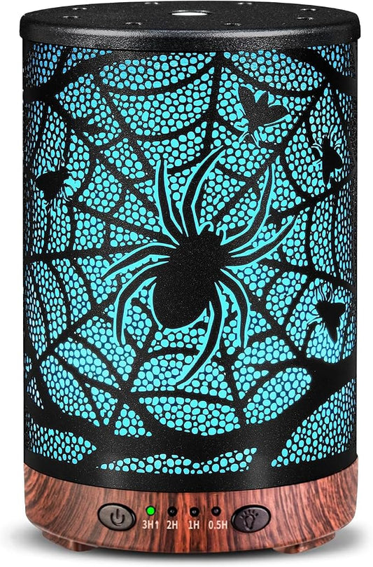 Essential Oil Diffuser 120ML Metal Aromatherapy Diffuser with Timer, Cool Mist Humidifier with Auto Shut-Off & 7 Color Lights for Home Office Spa (Spider Web)