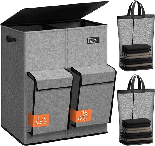 SOLEDI Double Laundry Hamper with Lid, 47.8 Gal (180L) Large Laundr Basket 2 Section with 2 Side Pockets, Dirty Clothes Hamper with Removable Bag, Easy to Carry for Laundry Room, Bedroom, Grey