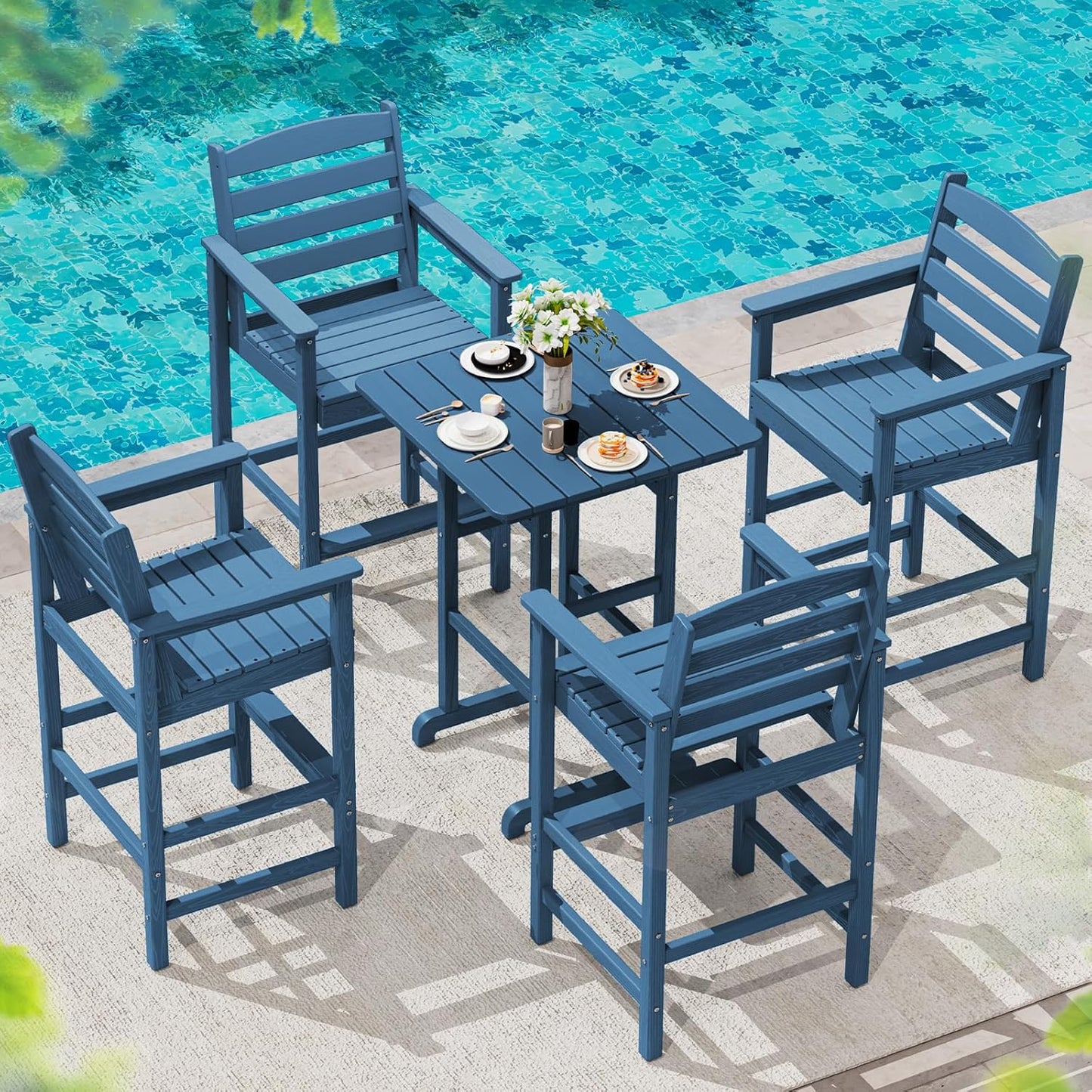 SERWALL Tall Adirondack Chairs Set of 2, Oversize Balcony Adirondack Chairs Set, Outdoor Bar Height Barstools Widened Chair Set for Bistro, Poolside, Garden, Blue