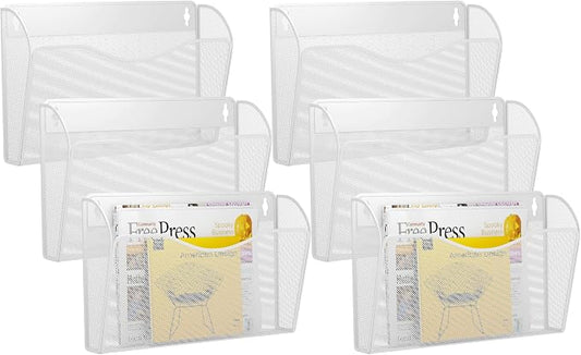 6 Single Pocket Wall File Holder, Mesh Hanging File Folder Paper Organizer, Vertical Wall Mounted Mail Basket, Storage Organization Magazine Rack for Office, Home and School, White