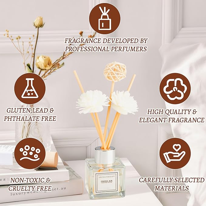 Reed Diffuser Set, 1.7 fl oz Scent Diffuser with Sticks, Freesia Scent for Bathroom Accessories Shelf Decor, Air Fresheners for Home, Home Fragrance Products, House Office Room Decor Aesthetic Gift