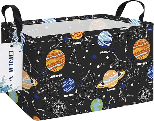 Rectangular Space Planet Pattern Storage Bin, Decorative Canvas Laundry Basket with Dual Handles, Foldable Household Toy Organizer, Multipurpose Party Gift Basket for Bedroom Dorm
