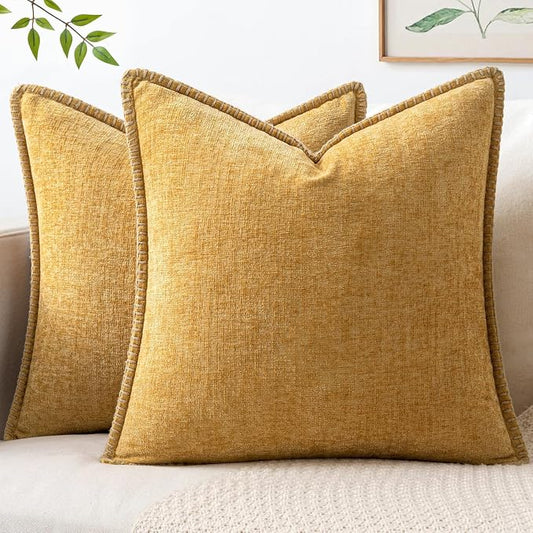 MIULEE Pack of 2 Summer Throw Pillow Covers 18x18 Inch Gold Mustard Yellow Farmhouse Decorative Pillow Covers with Stitched Edge Soft Chenille Solid Dyed Pillow Covers for Couch Sofa Bed Living Room