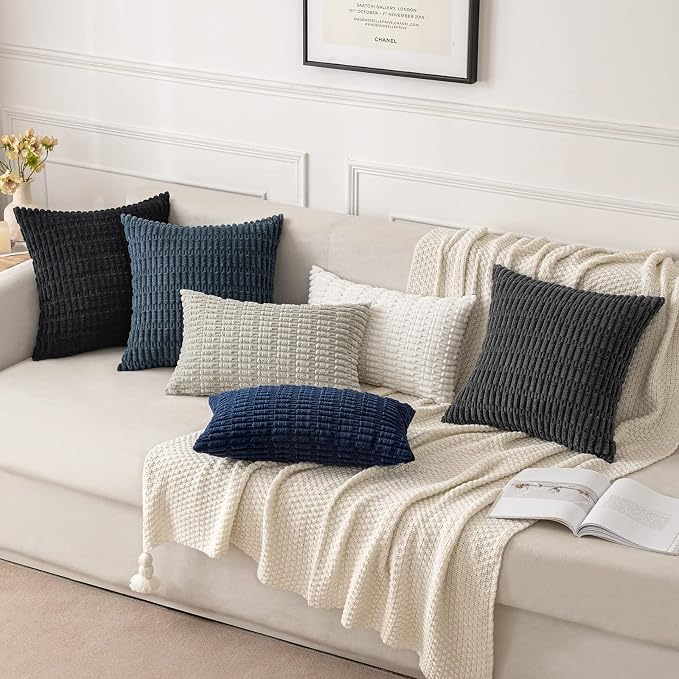 MIULEE Pack of 2 Corduroy Decorative Lumbar Throw Pillow Covers 20x12 Inch Soft Boho Striped Pillow Covers Modern Farmhouse Home Decor for Summer Coastal Sofa Living Room Couch Bed Dark Blue