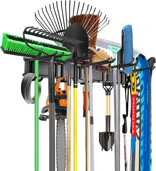 WALMANN Wall Mount Tool Organizer, Mop and Broom Holder, Garage Storage Rack, Heavy Duty Garden Tool Storage Organization System, Holds Up to 300lbs