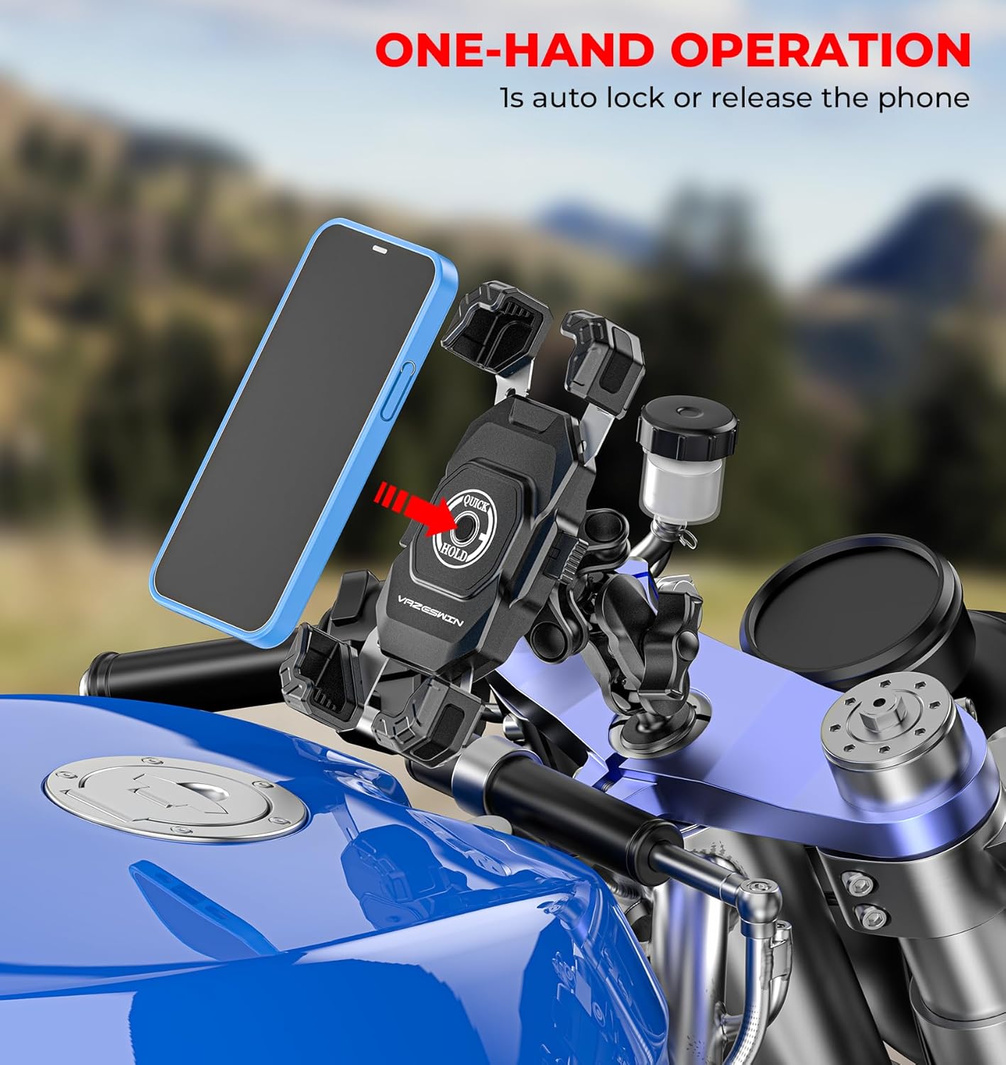 Motorcycle Fork Stem Phone Mount with Vibration Dampener, Motorcycle Cell Phone Holder with Aluminum Alloy Anti-Theft Short Arm, Fit 12mm to 25.4mm Diameter Stem Tubes, for 5.5"-7.2"" Phones"