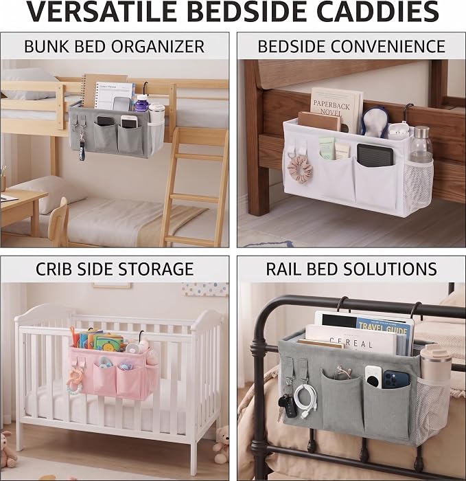 2pc Bedside Caddy Organizer with Hooks, No-Sagging Canvas Hanging Bed Pocket with Water Bottle Holder, Bedside Storage for Dorm Room Essentials, Bunk Bed Accessories, Hospital Bed Rails & Crib (white)