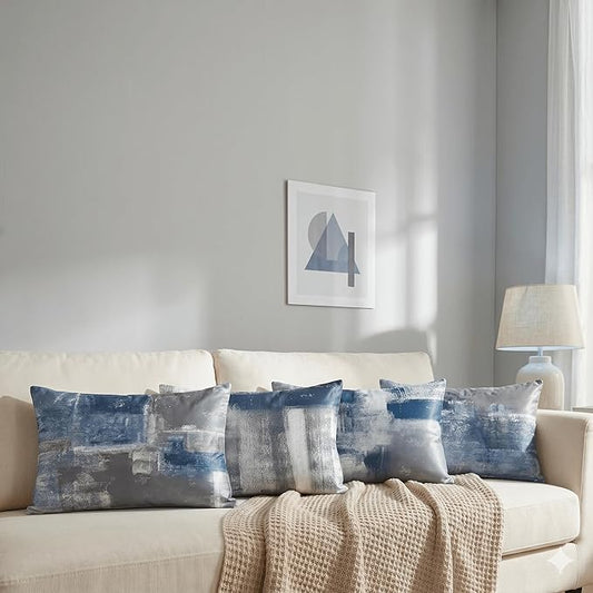 Set of 4 Abstract Art Throw Pillow Covers 12x20 Inch, Dusty Blue and Grey Modern Decorative Cushion Cases for Couch Sofa, Soft Velvet Double-Sided Print Washable Pillow Covers