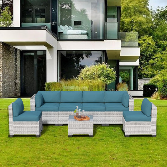 7 Piece Patio Furniture Set, Rattan Outdoor Patio Conversation Sets, Outdoor Sectional Furniture with Waterproof Cushion and Coffee Table, for Deck, Backyard, Garden, Peacock Blue-2
