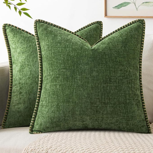 MIULEE Pack of 2 Couch Pillow Covers 18x18 Inch Moss Green Farmhouse Decorative Throw Pillow Covers with Stitched Edge Soft Chenille Solid Dyed Pillow Covers for Sofa Bed Living Room, Forest Green