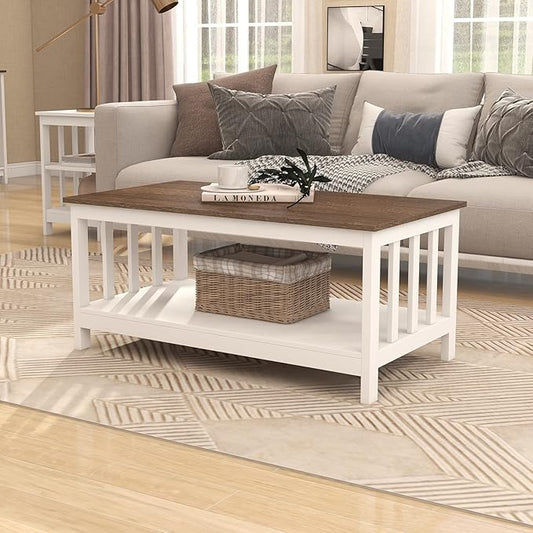 ChooChoo Farmhouse Coffee Table, White Living Room Table with Shelf, 40 Inch
