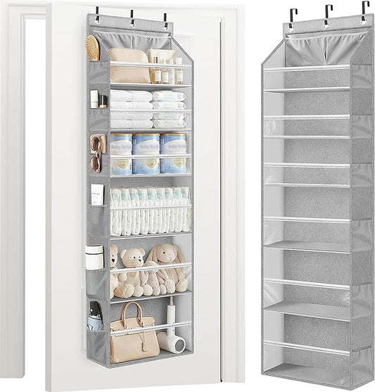 STORAGE MANIAC Over the Door Organizer 6-Shelf Closet Hanging Storage with 14 Mesh Pockets, 66lbs Capacity Clear Deep Pockets Behind Door Storage for Nursery, Bathroom, Bedroom, 1 Pack Grey