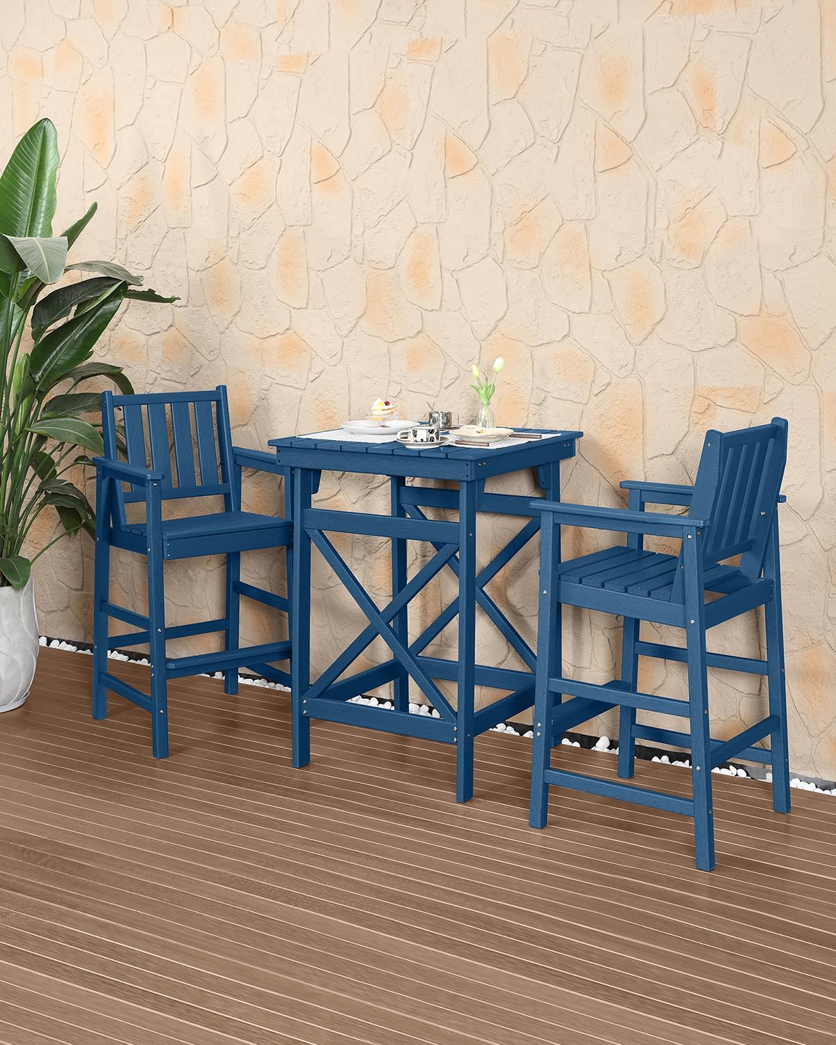 3-Piece Adirondack Chairs and Table Set, HDPE Outdoor Bar Sets, All Weather Outdoor Bar Stools Set, HDPE Adirondack Bar Height Chairs and Bar Table for Balcony, Bistro, Poolside, Navy