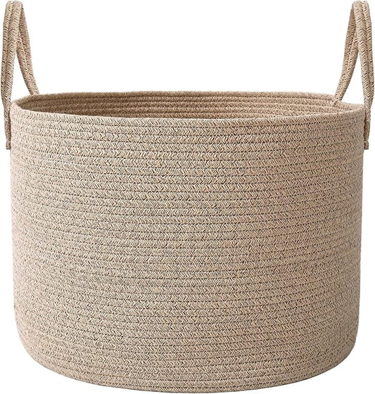 JMvicyroam 115L Extra Large Blanket Basket for Living Room - Woven Cotton Rope Laundry Hamper with Reinforced Handles - Storage Bin for Pillows, Comforters & Toys - Machine Washable,Oatmeal