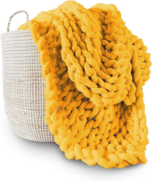 Adyrescia Chunky Knit Blanket Throw | 100% Hand Knit with Jumbo Chenille Yarn (30"x40", Harvest Yellow)