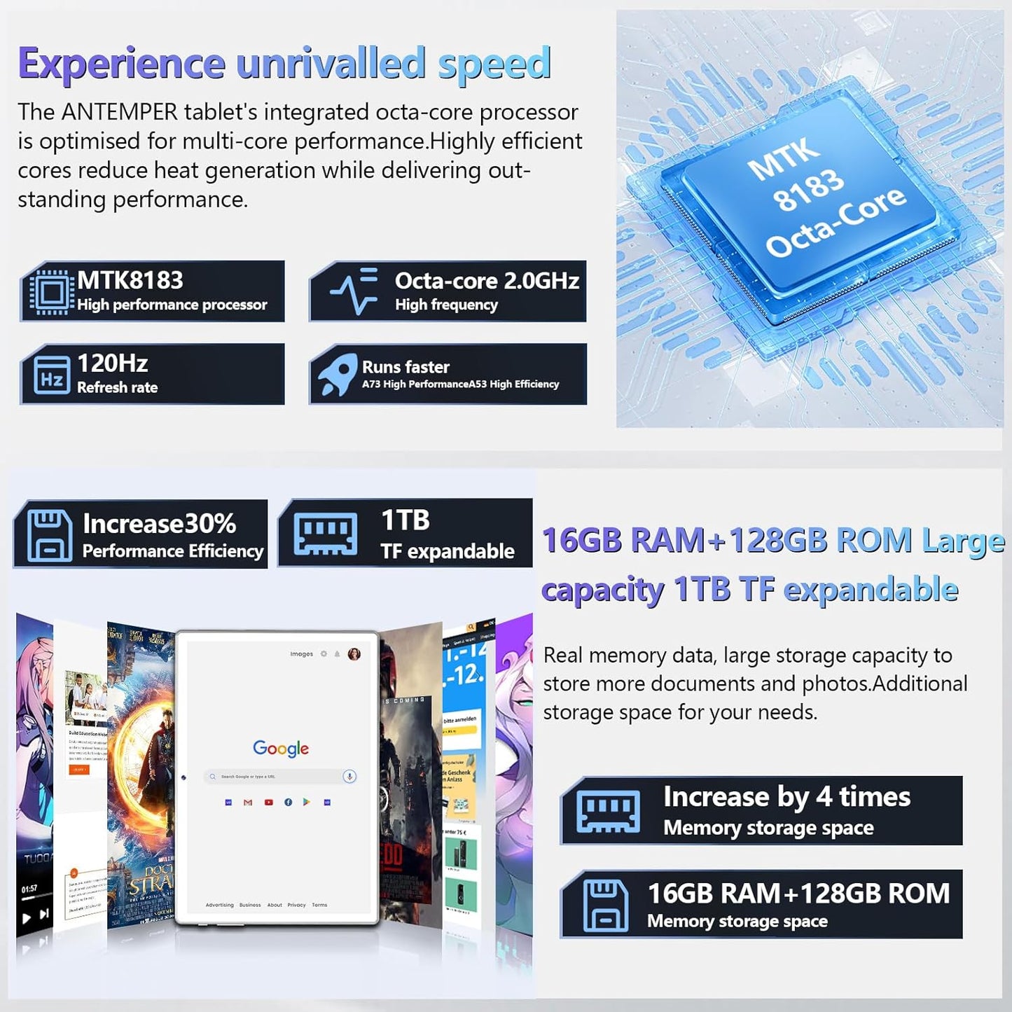 ANTEMPER Latest Android Tablet 10.1 Inch, 5G WiFi Tablets Mit 16GB RAM+128GB ROM(1TB TF),2 in 1 Tablet with Keyboard Mouse Pen-Octa-Core2.0Ghz | 7000mAh | 1080FHD | 13MP Camera | WLAN GPS -Silvery