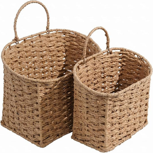 Coeusy Set of 2 Hanging Basket, Paper Rope Wall Basket for Flowers,Mail,Planters, Large Door Basket for Organizing,Storage,Home Decor,Natural