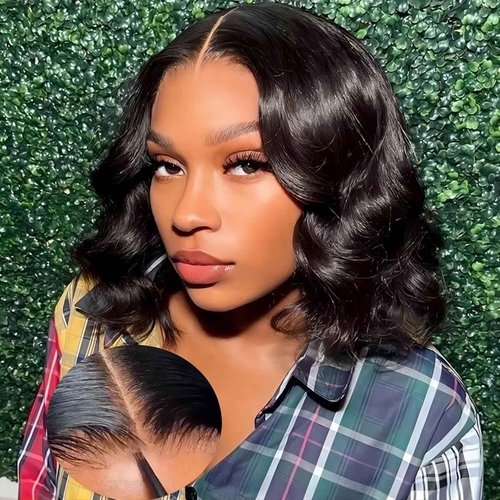 ISEE Wear and Go Glueless Wigs Human Hair Pre Plucked Pre Cut Short Bob Body Wave Lace Front Wigs Human Hair for Women Upgraded Glueless Bob Wig No Glue 6x4 HD Lace Closure Wigs (12 Inch)
