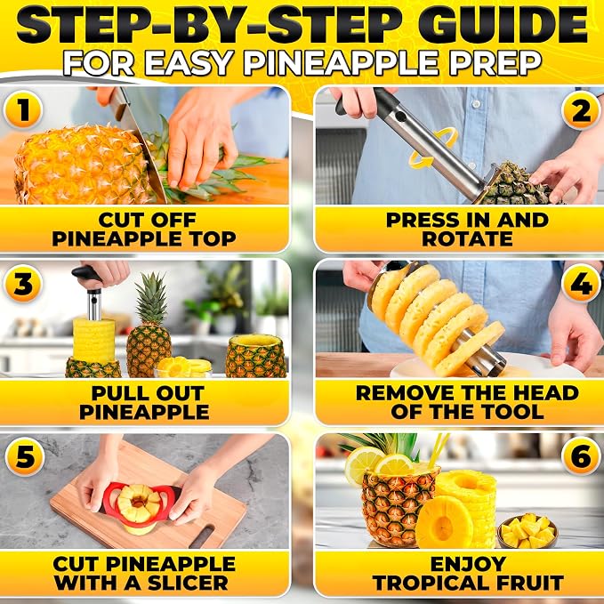 Pineapple Corer and Slicer Tool – Stainless Steel Pineapple Peeler Tool with Reinforced Thick Blade for Effortless Slicing – Core Remover and Cutter for Diced Fresh Rings, Black Handle, Easy to Clean