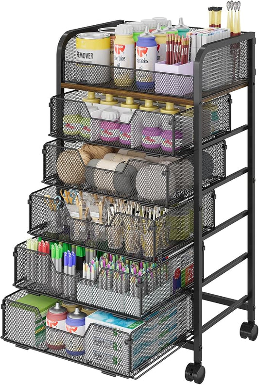 Yociyoga 6-Tier Craft Cart with Wheels-Rolling Storage Cart with Drawers,Rolling Utility Cart with DIY Divider,Art Supply Organizer Cart,Rolling Cart with Drawers,Craft Organizers and Storage,Black
