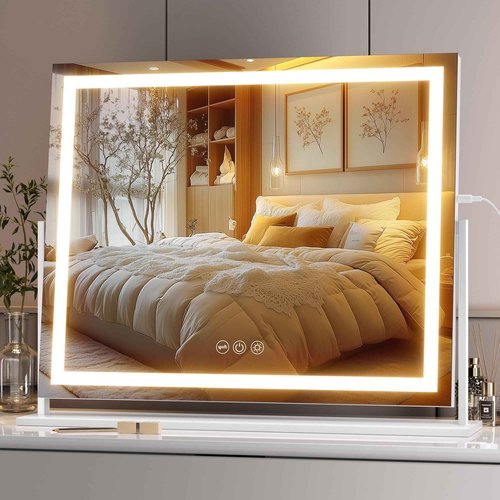 Hasipu Vanity Mirror with Lights, 23.6" x 18.1" LED Makeup Mirror, Light up Mirror with Smart Touch 3 Colors Dimmable, Brightness Adjustment, 360° Rotation (White)