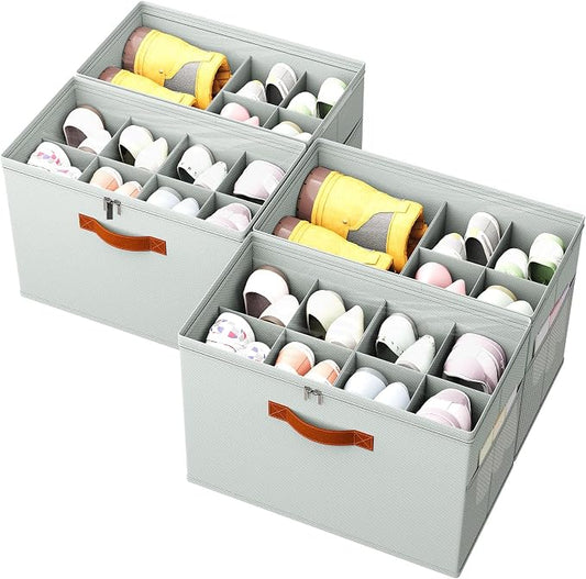 4 Pack Shoe Organizer for Closet,Foldable Shoe Storage Organizer with Adjustable Dividers, Shoe Storage Box with Clear Cover, Fits up to 32 Pairs, Gray