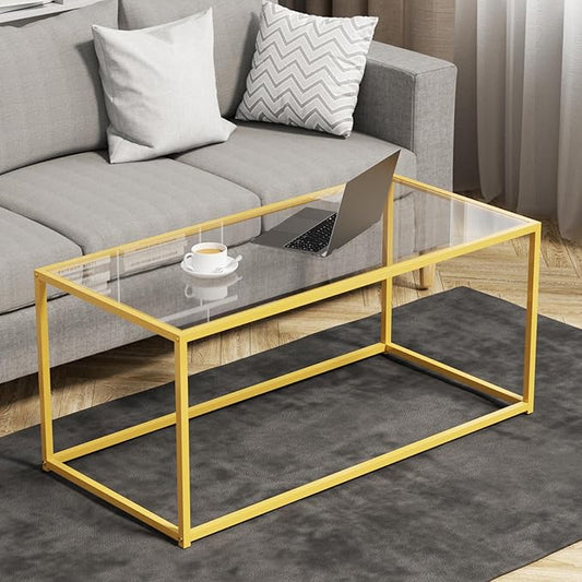 Coffee Table,Tempered Glass Coffee Table,Minimalist Center Table for Living Room,Office,Modern Glass Top Coffee Table with Sturdy Metal Frame & Open Storage, Easy Assembly,Gold
