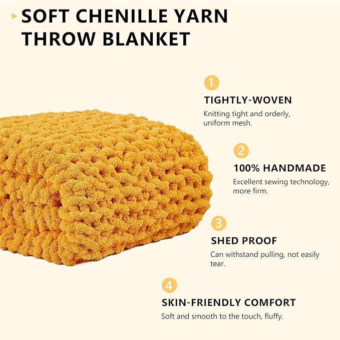 L'AGRATY Chunky Knit Blanket Throw: 72''x84'' Chenille Chunky Knitted Throw Blankets for Bed Couch - Handmade Thick Big Cable Knit Blanket - Large Crochet Rope Blankets for Home Decor(Yellow)